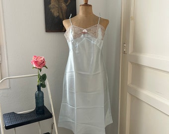 NWT Vintage 1950s Ice Blue Satin & Lace Slip Dress with Embroidery Made in Italy, 50s Vintage Italian Lingerie with Original Tags