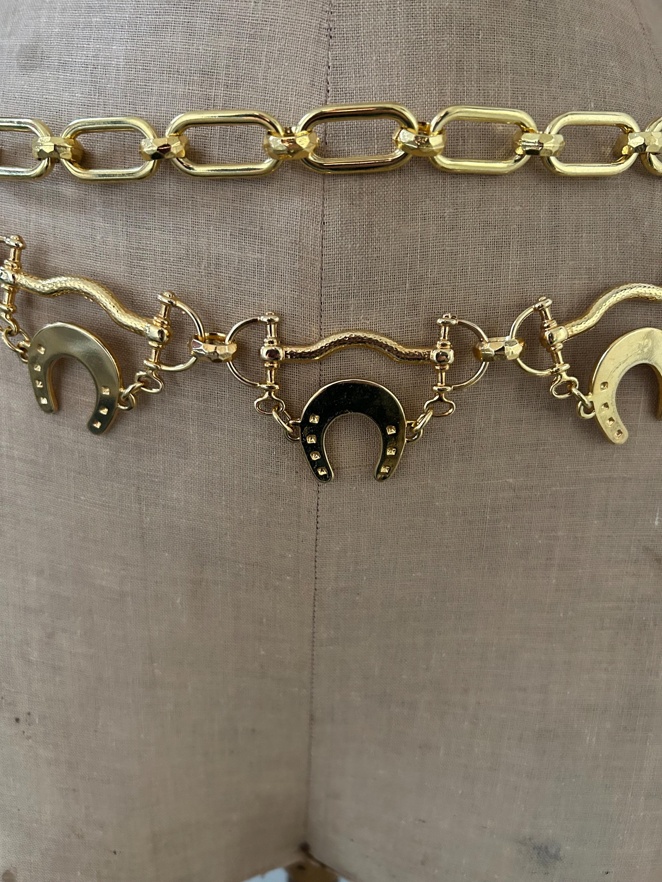Vintage Gold Tone Braided Chain Belt Equestrian Stirrup Buckle 80s fashion 1980s Glitter Stretch Waist Belt Gold Zebra Head Buckle  main image 2