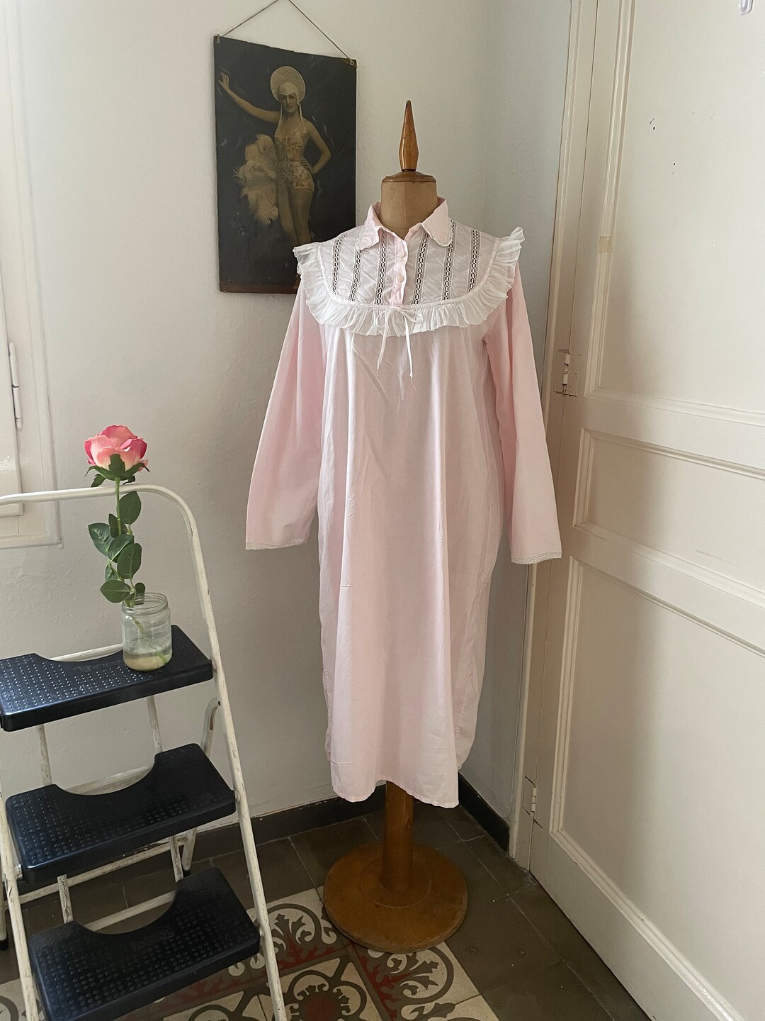 Homemade 1930s Pastel Pink Nightgown, 30s Midi Length Long Sleeved