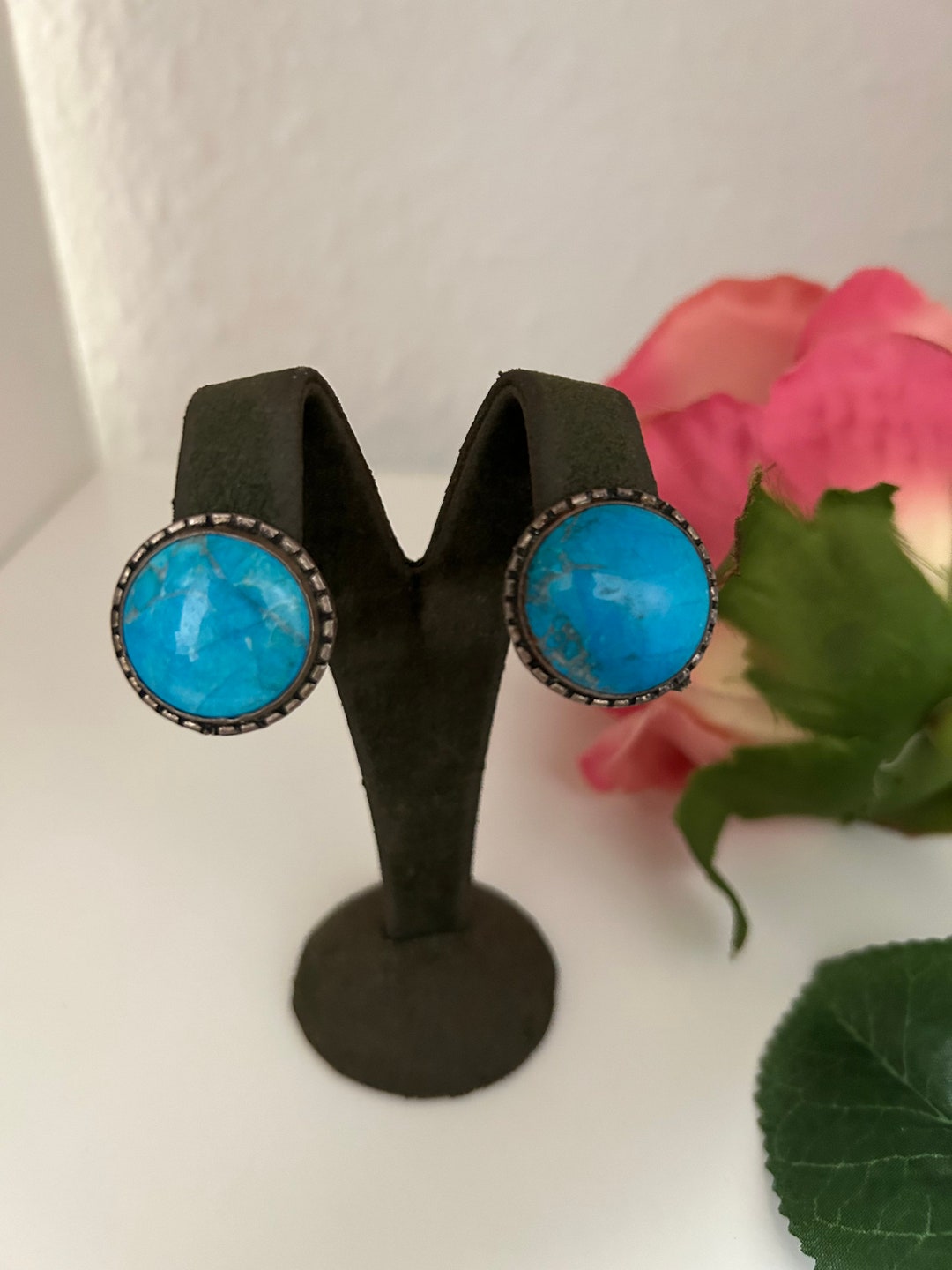 Vintage Sterling Silver Turquoise Clip Earrings Round Etsy