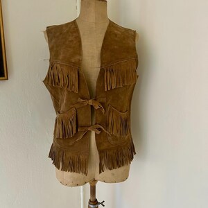 Vintage 70-tals brun väst i mocka med fransar, storlek Small Medium