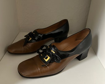 Vintage Casadei Mod Style Braun & Schwarz Zweifarbige Leder Oxford Pumps Größe 7,5 US