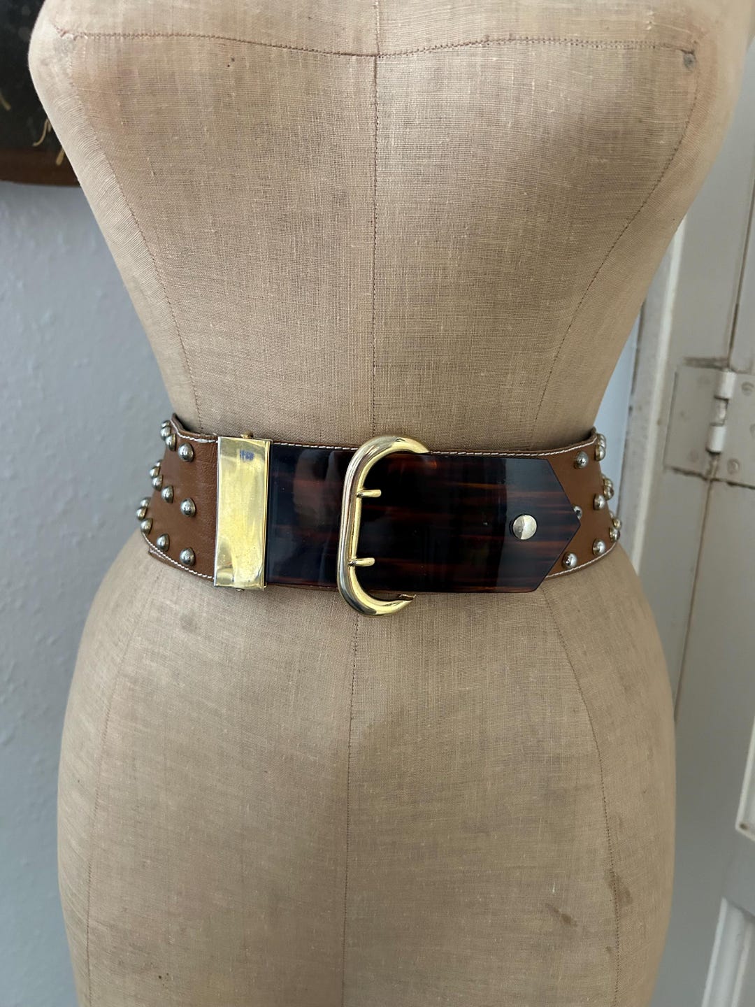 90s Vintage Brown Leather Studded Belt: Faux Tortoise Shell