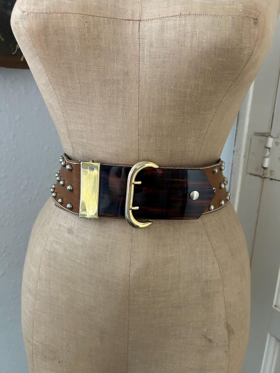 90s Vintage Brown Leather Studded Belt: Faux Tortoise Shell