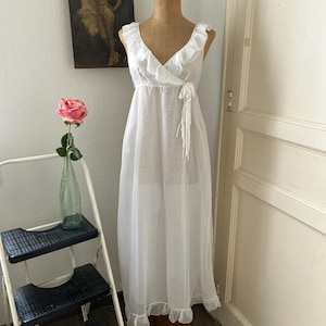 Vintage 1970s White Silky Sheer Voile Ruffled Nightgown Maxi Dress