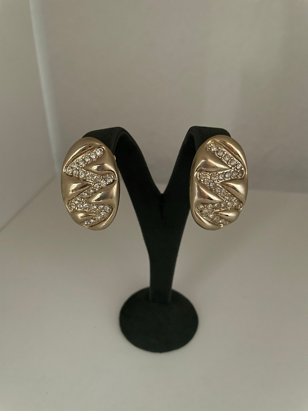 Boucles D'oreilles Pendantes Clips – Plaqué Or Et Strass – Créateur Ancien