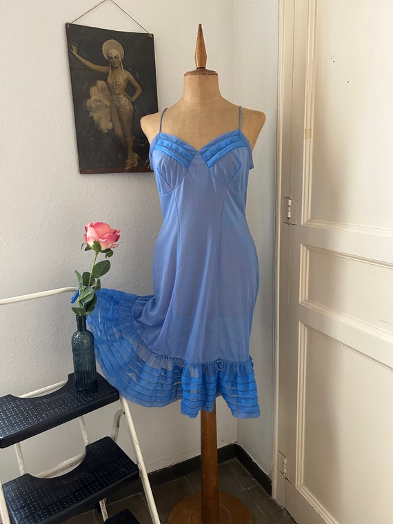 Vintage 50s Periwinkle Blue Nylon Slip Dress, Fro… - image 1