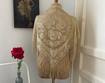 Vintage Gold Fringe Floral Knit Spanish Bohemian Shawl