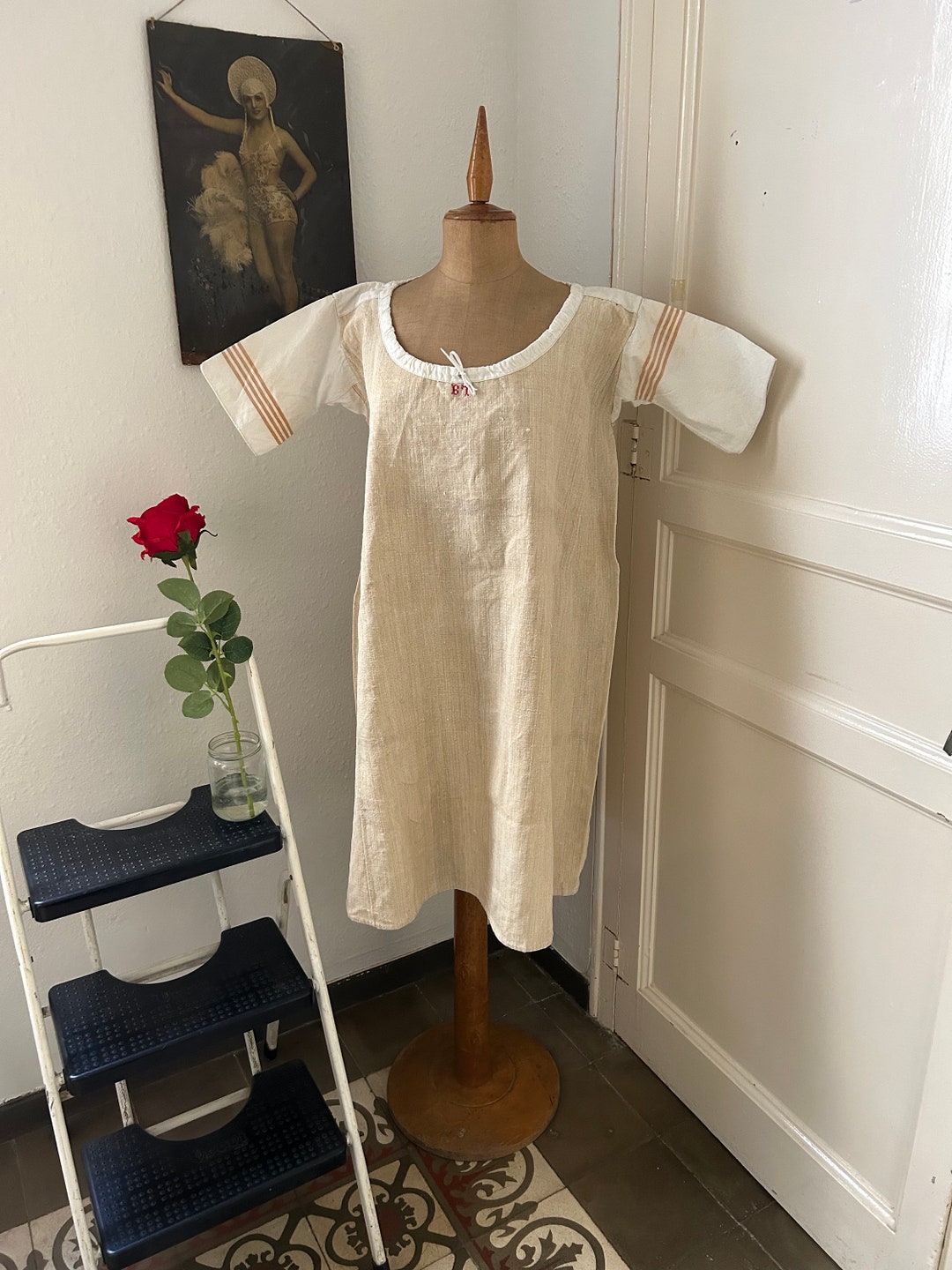 Antique Burlap Sack Dress, Primitive Feedsack Gown, Sturdy Edwardian