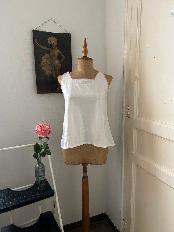Antique White Cotton Tank Top Camisole with Pink … - image 1