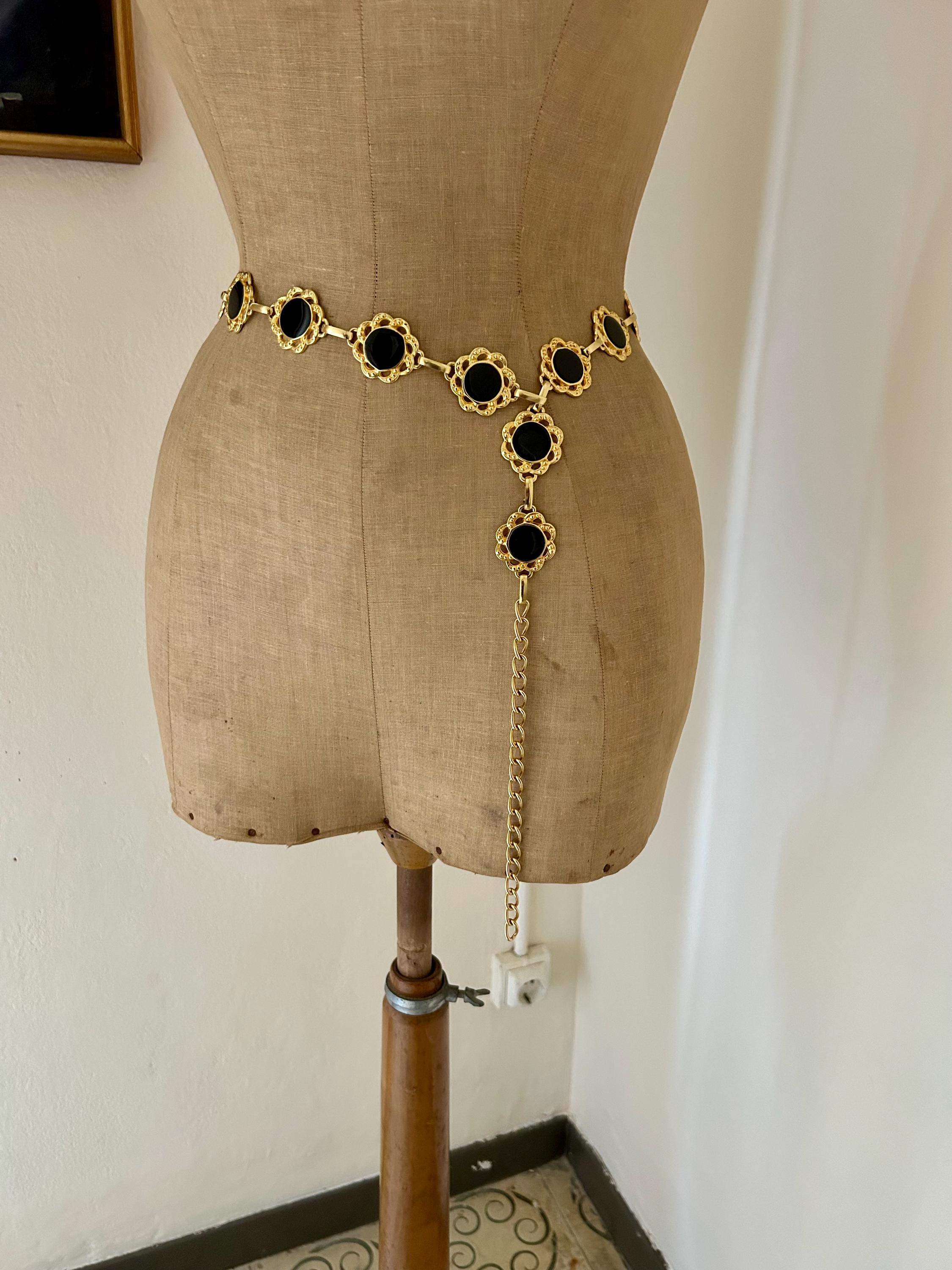 Vintage 80s Gold Tone and Black Enamel Flower Link Chain  display picture 1