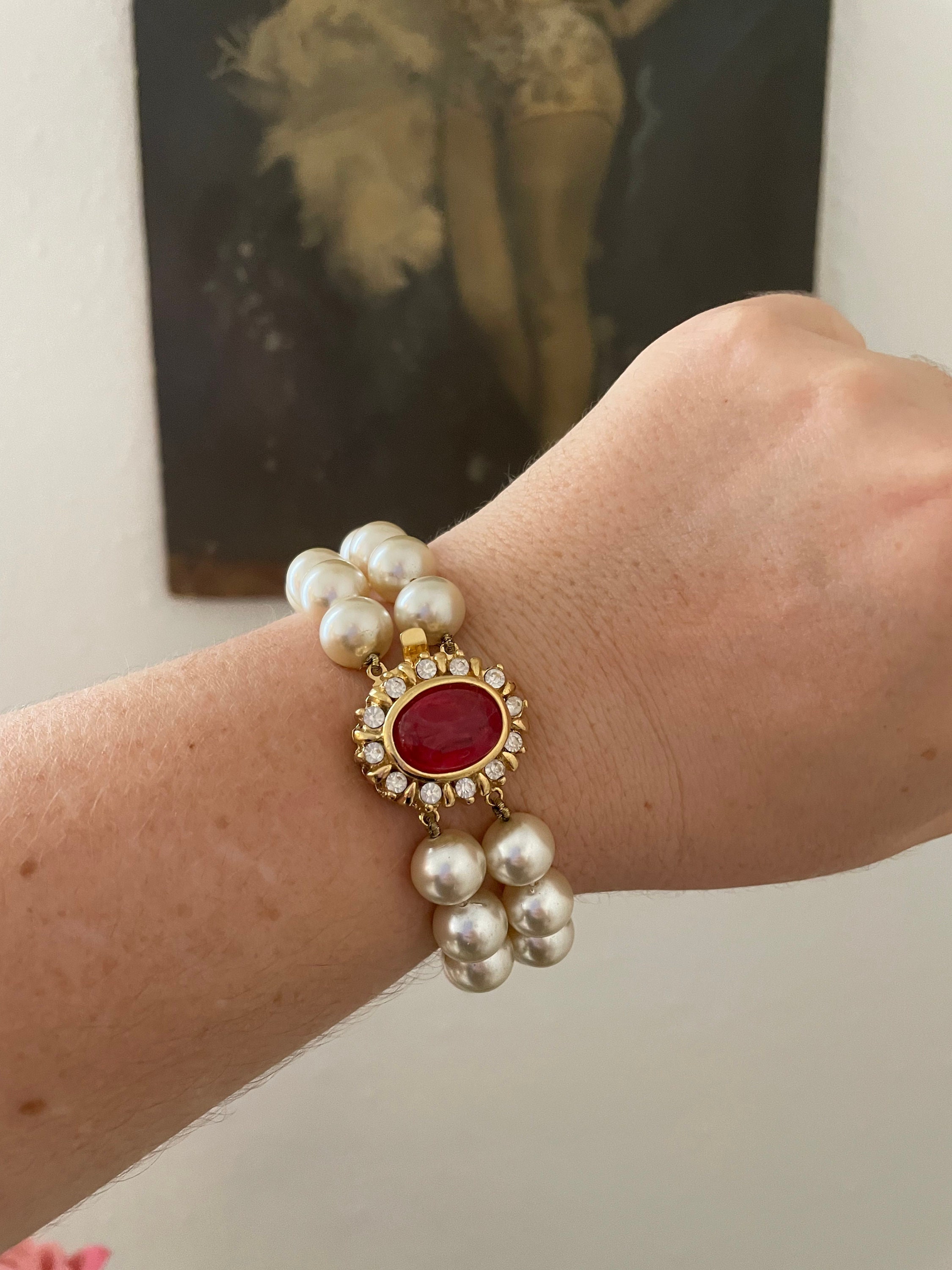 Buy Vintage NOS Mallorca Pearl Bracelet Fuchsia Faceted Glass