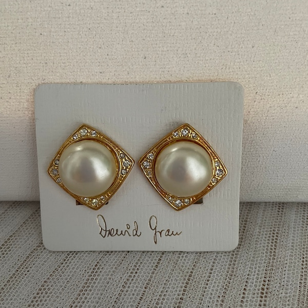 Vintage David Grau Classic Round Dome Pearl Cabochon Gold Plated Diamond Square Rhinestone  Clip On Earrings 80s Deadstock Gift for Her