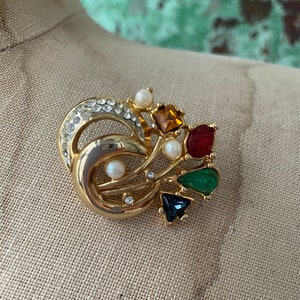 Vintage Colorful Crystal Bouquet Brooch Signed L’Officiel, Made in Italy, Fine Italian Costume Jewelry, Faux Pearl and Swarovski Crystals