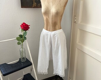 Antique White Cotton Drawstring Waist Bloomers with Whitework Embroidery and Dainty Crochet Lace Trim One Size Fits Most