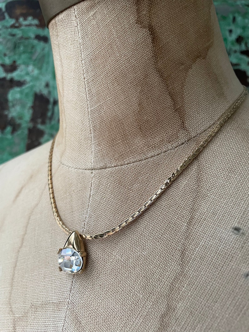 Vintage NOS Gold Plated Faceted Open Back Clear Crystal Pendant Chain Collar Necklace 80s Oval Glass Cabochon Jewel 17 or 43 cm image 4