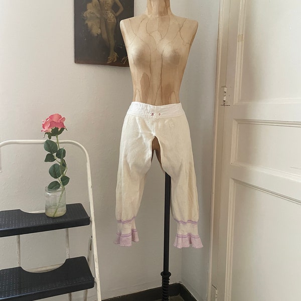 Rare bloomer d'hiver édouardien à jambes fendues avec jambes à rayures lavande, pantalon côtelé avec cordon de serrage en coton pour temps froid, taille réglable O/S