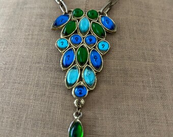 Grand Pendentif Vintage Avec Gros Cabochon Vert - Argenté, Forme Ovale, Occasion