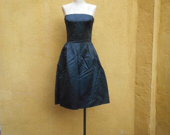 Vintage 1950s  Black Silk Strapless Fit and Flare Cocktail Dress Size Small