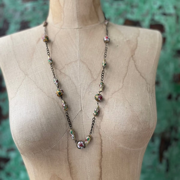 Vintage Hand Painted Cloisonne Bead Chain Midi Necklace