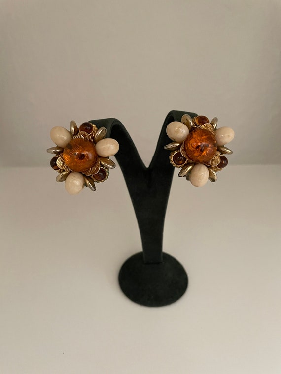 Vintage Light Brown Beaded Cluster Clip Earrings … - image 1