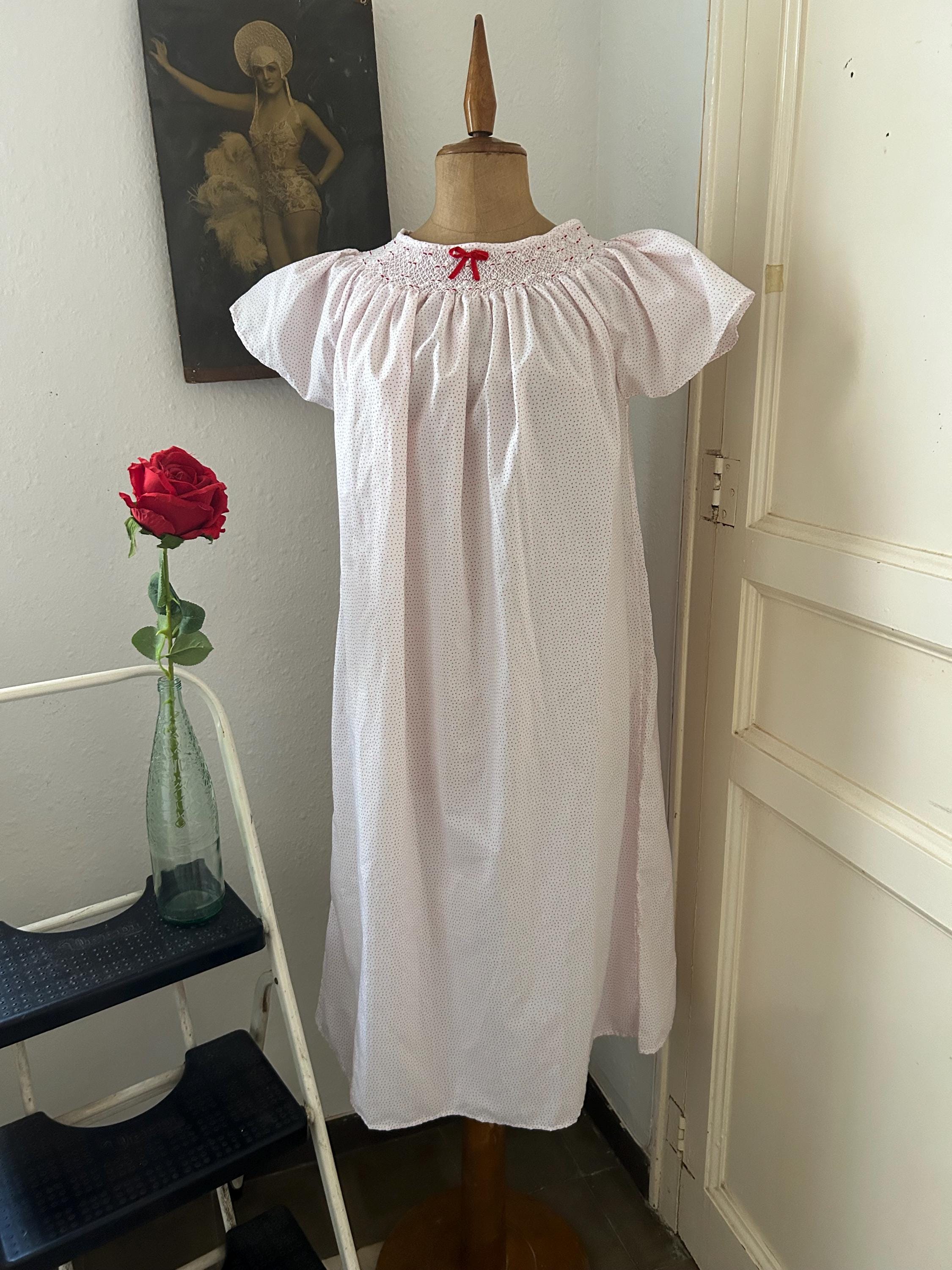Vintage 70s Red and White Polka Dot Print Flutter Sleeve Nightgown Dress with Smocking