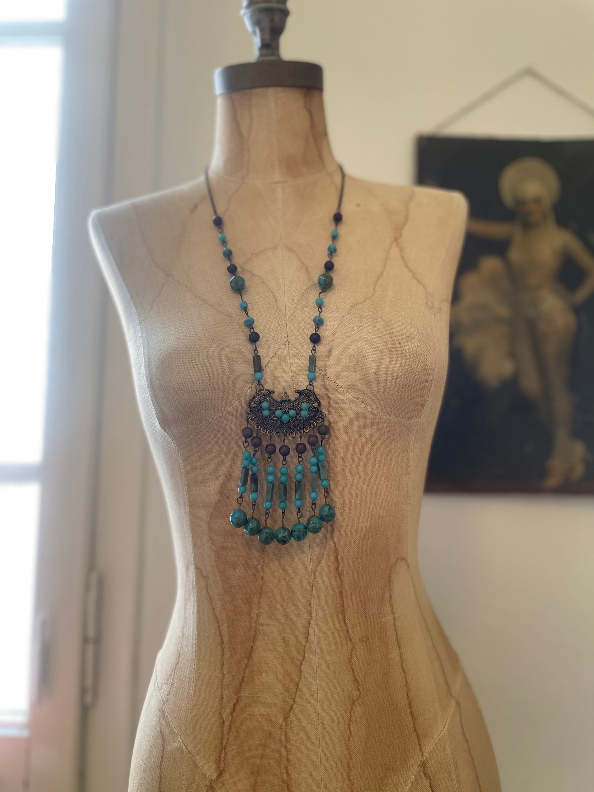Collier Ancien En Laiton Et Turquoises - Vintage - Occasion Avec Traces D'âge