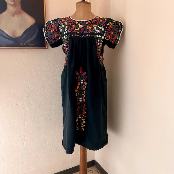 Vintage Black Oaxacan Mexican Huipil Midi Dress with Colorful Embroidered Flowers #1