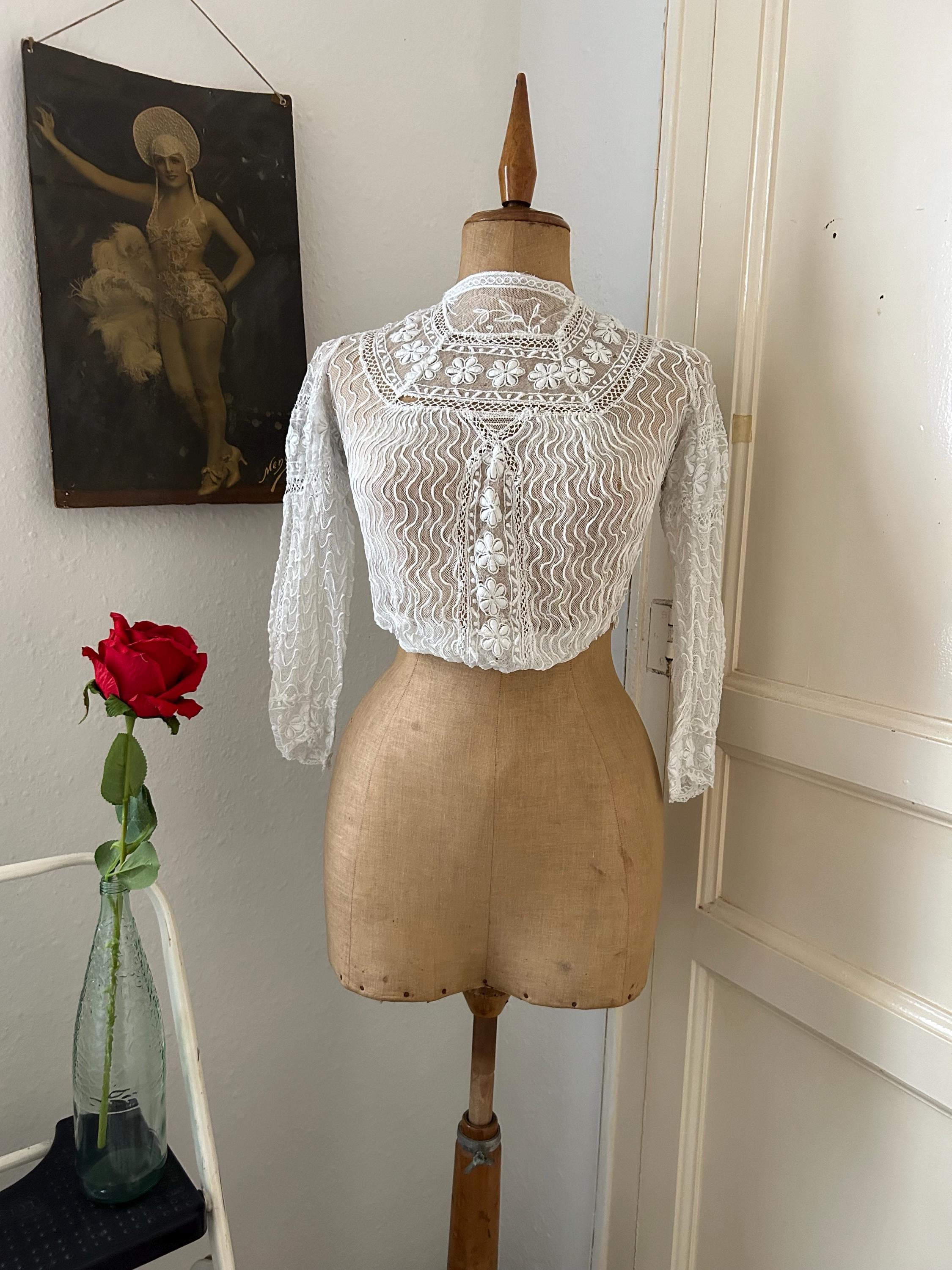 Edwardian Tambour Lace Blouse: Antique Floral Embroidered Top (XXS