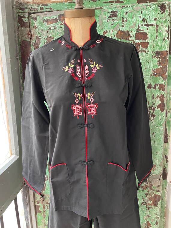 Vintage 1960s Chinese Black Pajama Set Embroidere… - image 3