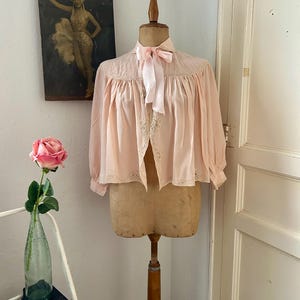 Vintage 1930s Pink Silk and Lace  Boudoir Jacket, Front Tie Bolero with Lace Trim