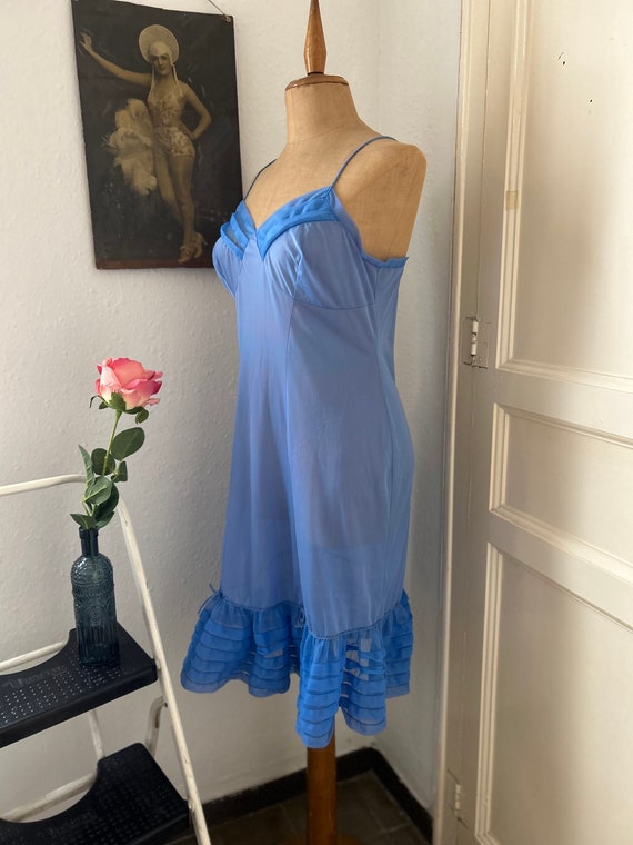 Vintage 50s Periwinkle Blue Nylon Slip Dress, Fro… - image 5