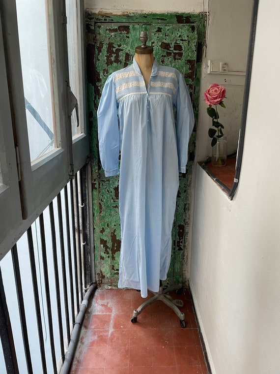 Vintage 1930s Blue Cotton Nightgown, Antique Long… - image 1