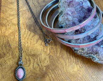 Vintage Rose Quartz Sterling Silver Necklace and Bracelet Set, 1980s Jewelry
