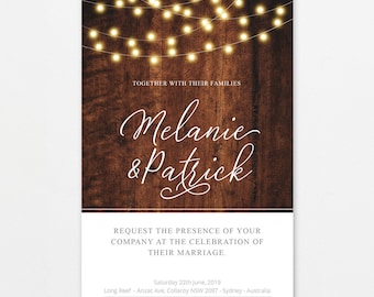 Wedding Invitation - Rustic Fairy Lights and Dark Wood Theme Template