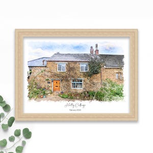 May include: A watercolour painting of a stone cottage with a brown door and a green roof. The cottage is surrounded by greenery and has a sign that reads "Holly Cottage, February 2024".