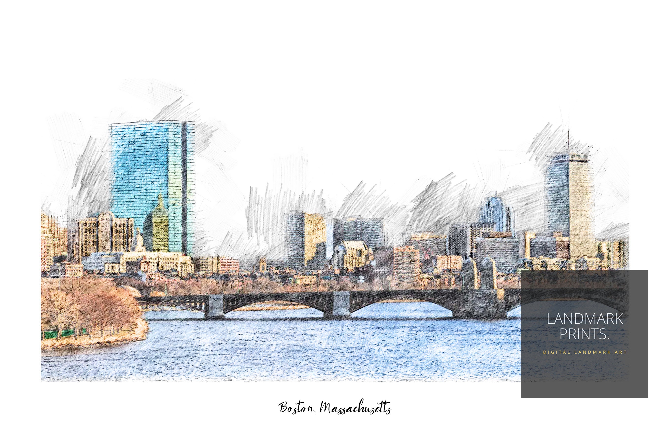 Boston Skyline Massachusetts Pencil Sketch Art Print Wall Etsy