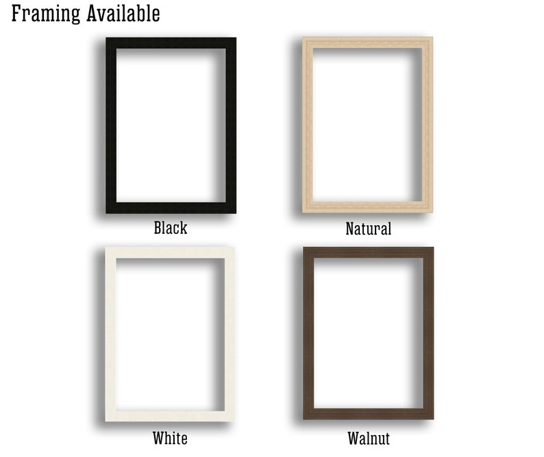 May include: Four picture frames in black, natural, white, and walnut colors are displayed against a white background. The text "Framing Available" is at the top. Each frame is empty, showcasing the different frame colors.