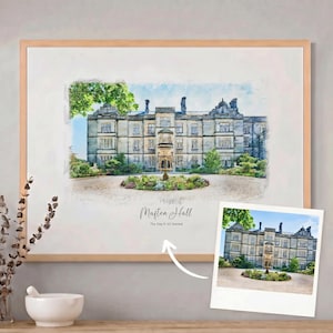 May include: Watercolor print of Maften Hall in a light wood frame. The artwork depicts a stately building with a fountain and circular driveway. The text "Maften Hall" and "The Day It All Started" are below the building.