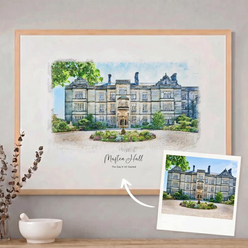 May include: Watercolor print of Maften Hall in a light wood frame. The artwork depicts a stately building with a fountain and circular driveway. The text "Maften Hall" and "The Day It All Started" are below the building.