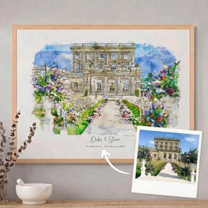 May include: A framed watercolour painting of a grand building with a floral pathway. The artwork includes the text "Debs & Steve" and the date "21st February 2024". A smaller photograph of the building is also included in the lower right corner of the frame.