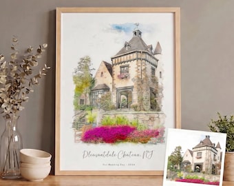 Wedding Venue Illustration Watercolor, Wedding Venue Drawing , Unique Wedding Gift, Wedding keepsake, Personalised Wedding Print