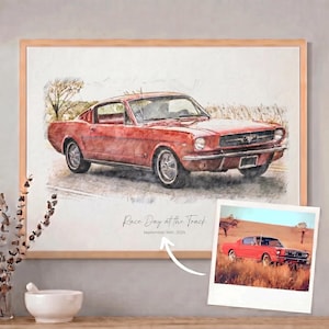 May include: Framed print of a classic red sports car, rendered in a sketch style. The artwork features the text "Race Day at the Track" and "September 14th, 2024". A smaller, similar image is included in the bottom right corner.