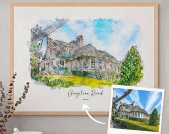 May include: Watercolor print of a house with a gray roof and a light brown wooden frame. The print is labeled "Greystone Road, Bristol". A smaller photo of the house is in the bottom right corner. The artwork is displayed on a wooden surface.