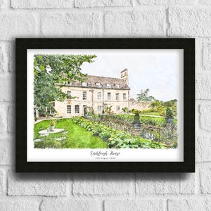 May include: Framed print of Endsleigh House, a stately building with a garden. The artwork has a watercolor effect, with a black frame. The image includes the text "Endsleigh House" and "14th August 2020".