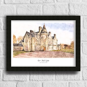 May include: A framed print of New Hall Estate, rendered in a watercolor style. The artwork depicts a large stone building with multiple turrets and windows, set against a light blue sky. The text "New Hall Estate 3rd January 2021" is printed below the image.