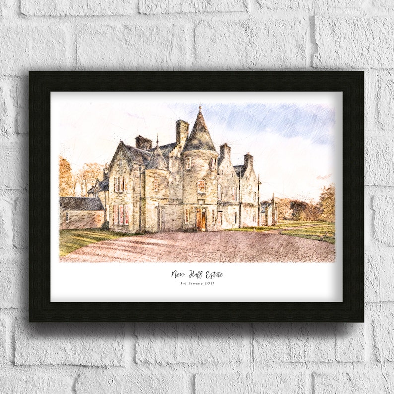 May include: A framed print of New Hall Estate, rendered in a watercolor style. The artwork depicts a large stone building with multiple turrets and windows, set against a light blue sky. The text "New Hall Estate 3rd January 2021" is printed below the image.