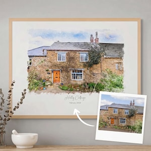 May include: Watercolor painting of a stone cottage with a wooden door and windows. The artwork is framed in a light wood frame. The text "Holly Cottage" and "February 2024" are written on the artwork.