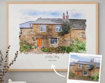 May include: Watercolor painting of a stone cottage with a wooden door and windows. The artwork is framed in a light wood frame. The text "Holly Cottage" and "February 2024" are written on the artwork.