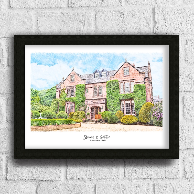 May include: A framed print of a large brick building with multiple windows and a slate roof, covered in green ivy. The print has a watercolor effect and includes the text "Steven & Debbie, Nunsthorpe Hall". The frame is black.